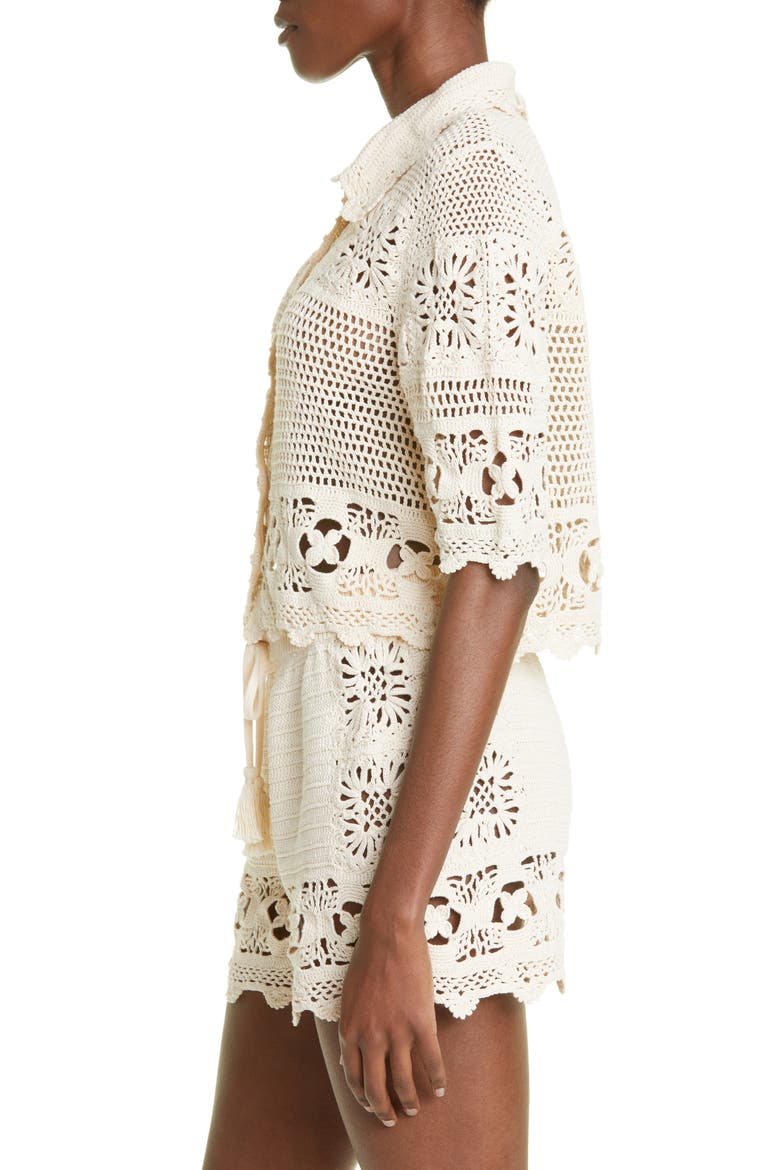 Cotton Crochet Crop Button-Up Shirt, Alternate, color, NATURAL