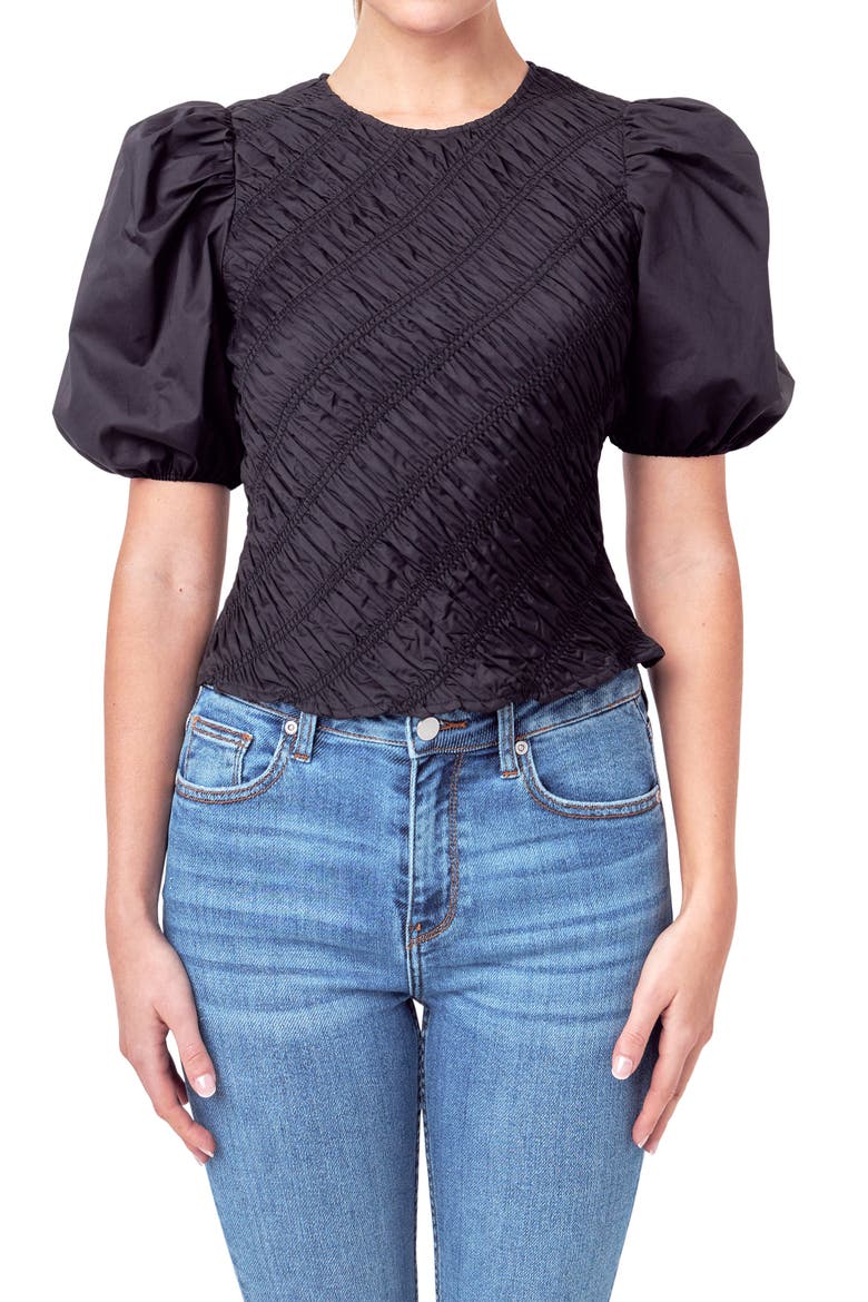 Asymmetric Shirred Puff Sleeve Top, Main, color, BLACK