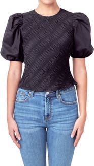 English Factory Asymmetric Shirred Puff Sleeve Top