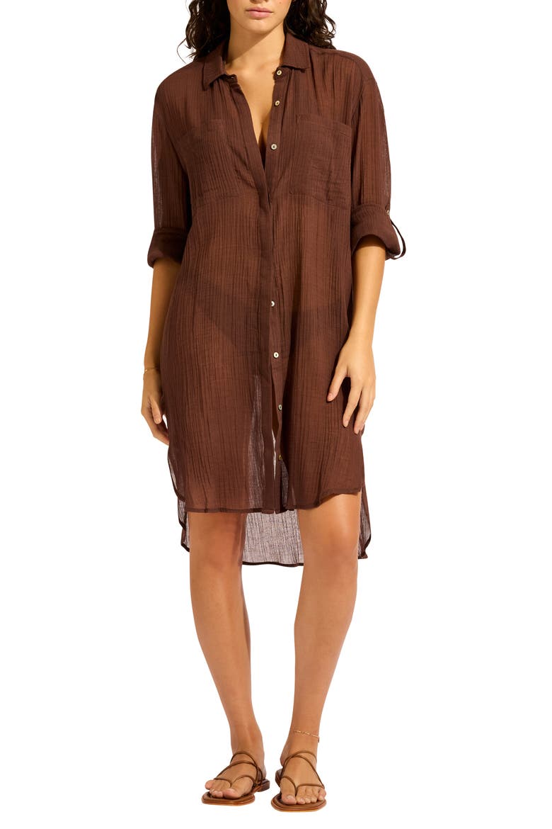 Crinkle Twill Cover-Up Beach Shirt, Main, color, DARK CHOCOLATE
