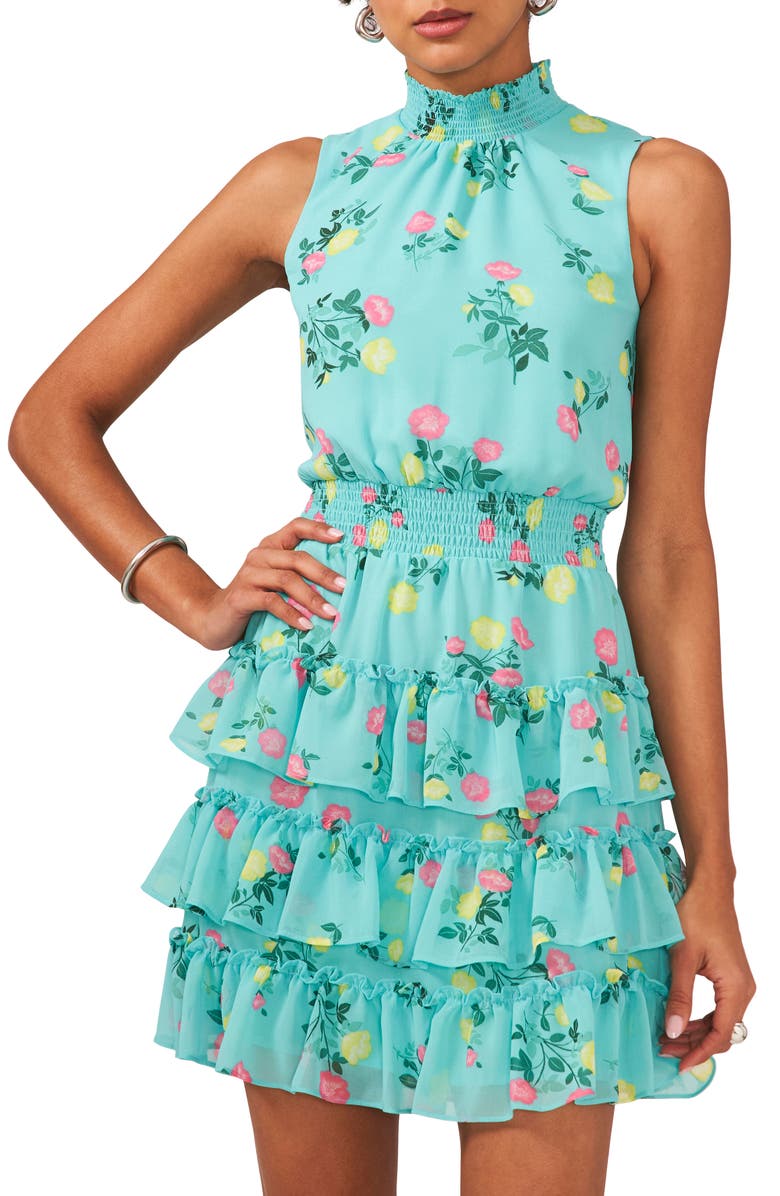 1.STATE Floral Smock Neck Sleeveless Fit & Flare Dress, Alternate, color, 