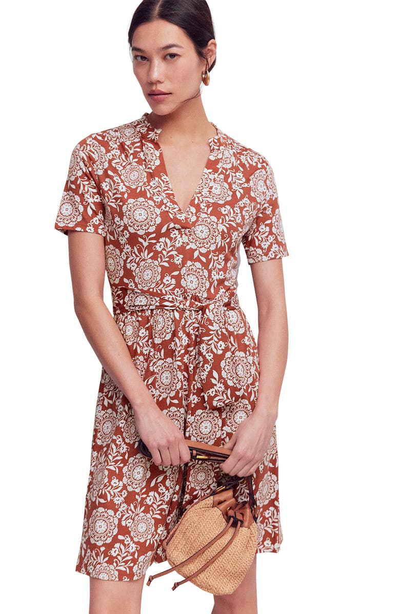 Boden Daisy Short Sleeve Cotton Blend Jersey Dress, Main, color, Barn Red, Decorative Blossom