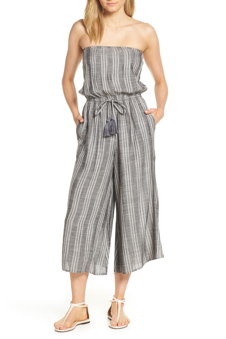 Strapless Cover-Up Culotte Jumpsuit, Main, color, GREY STRIPE