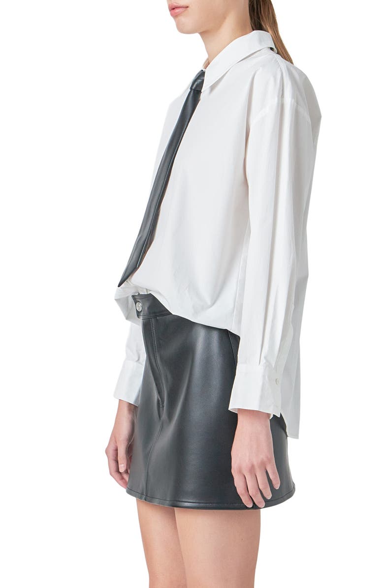 Grey Lab Faux Leather Necktie Button-Up Shirt, Alternate, color, White