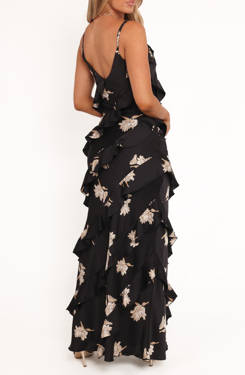 Petal & Pup Ciao Floral Ruffle Satin Maxi Dress, Alternate, color, Black Floral