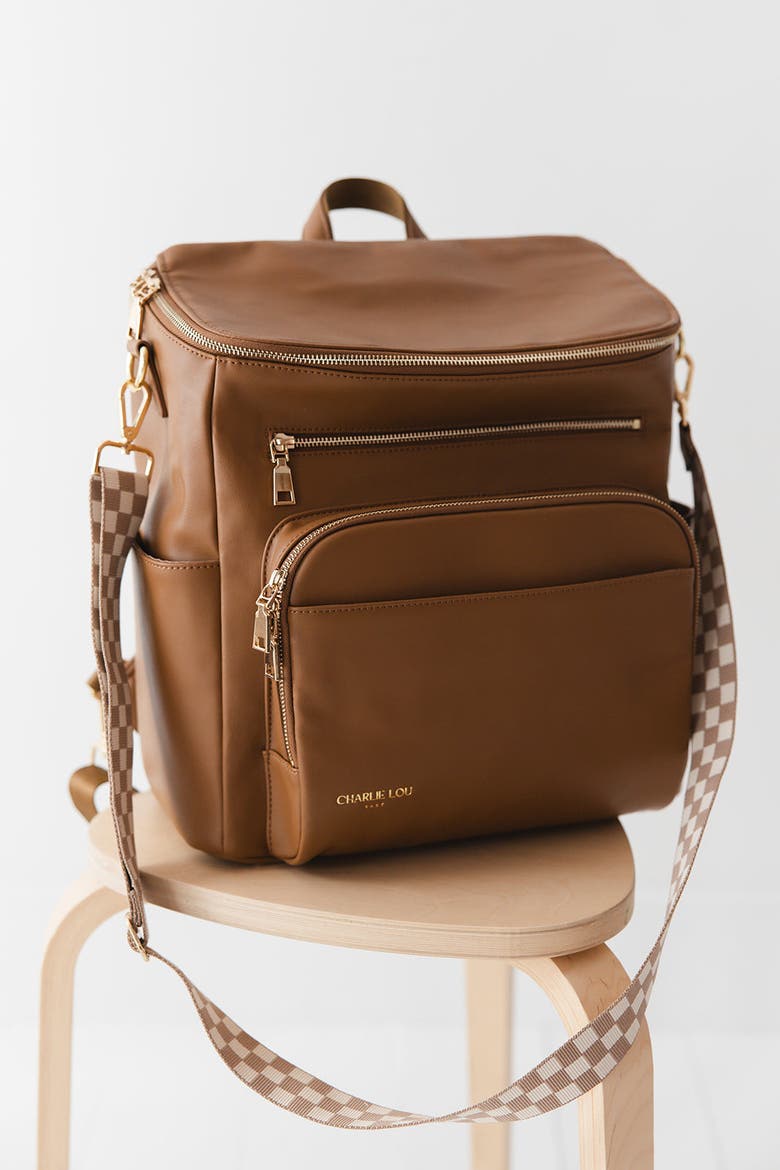 Vegan Leather Large Diaper Bag | 2 Insulated Bottle Pockets, Checkered Crossbody Strap, Stroller Straps & Changing Mat Included, Main, color, Brown