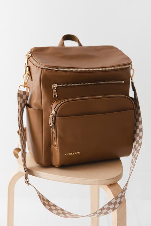 Vegan Leather Large Diaper Bag | 2 Insulated Bottle Pockets, Checkered Crossbody Strap, Stroller Straps & Changing Mat Included