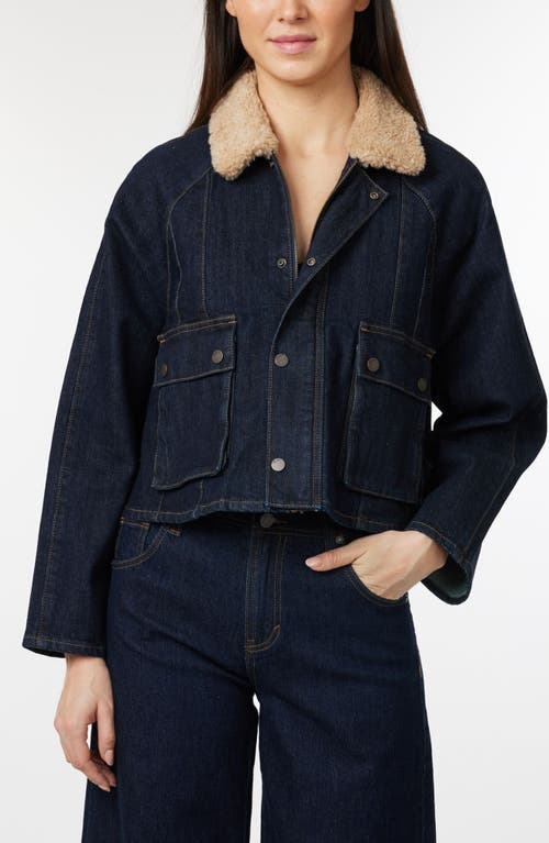 Habitual Faux Shearling Collar Crop Barn Jacket In Blue