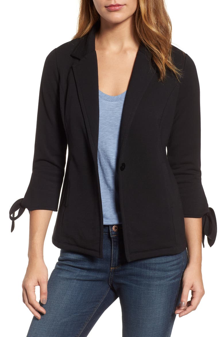 Tie Sleeve Stretch Knit Blazer, Main, color, BLACK