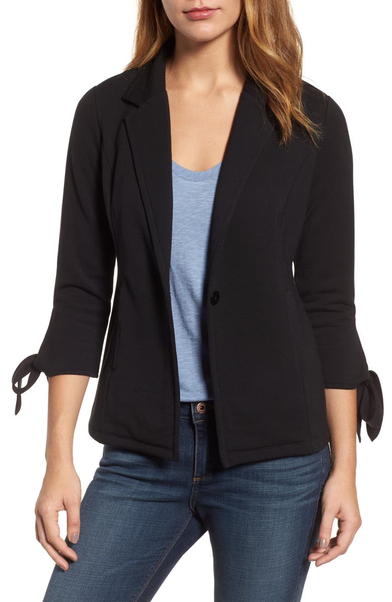Caslon<sup>®</sup> Tie Sleeve Stretch Knit Blazer, Main, color,