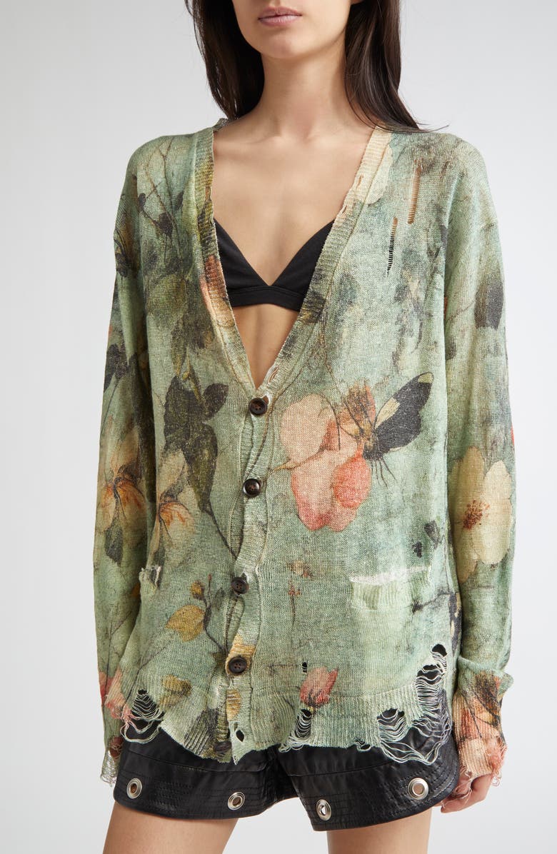 R13 Ripped Floral Linen Cardigan, Alternate, color, Turquoise Floral