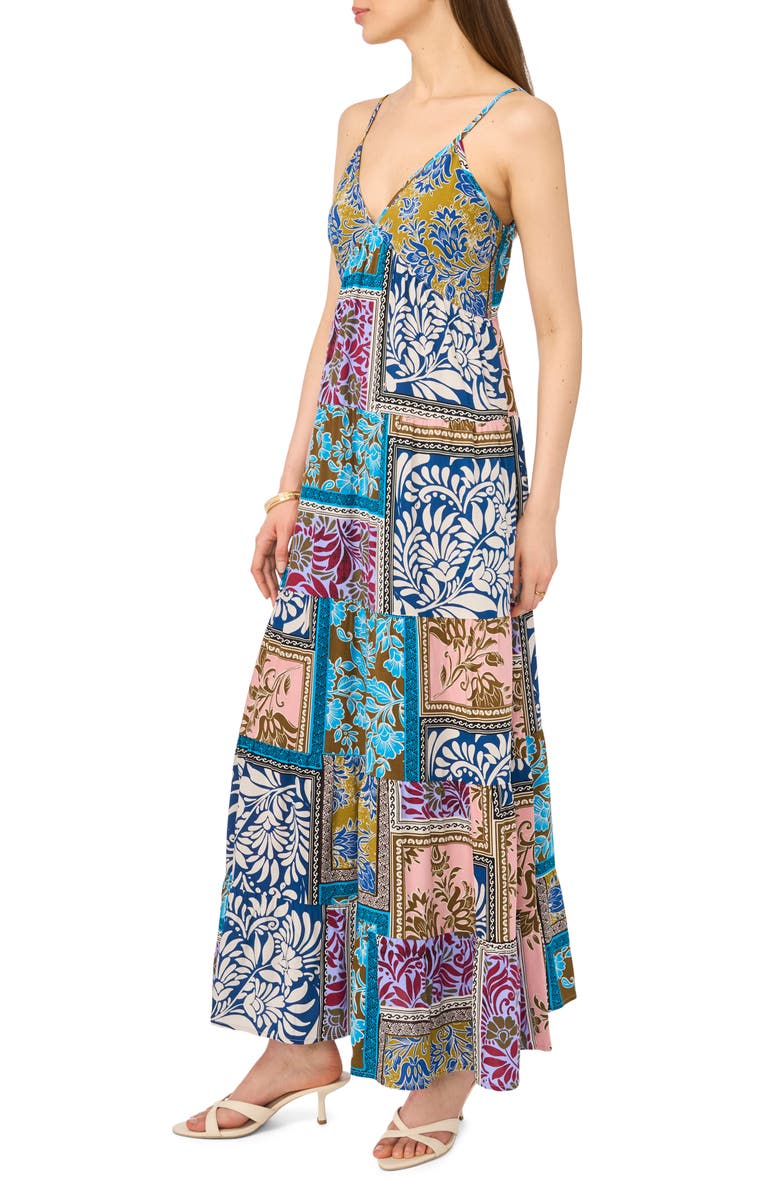 Halogen<sup>®</sup> Patchwork Print Empire Waist Tiered Maxi Dress, Alternate, color, Blue Multi