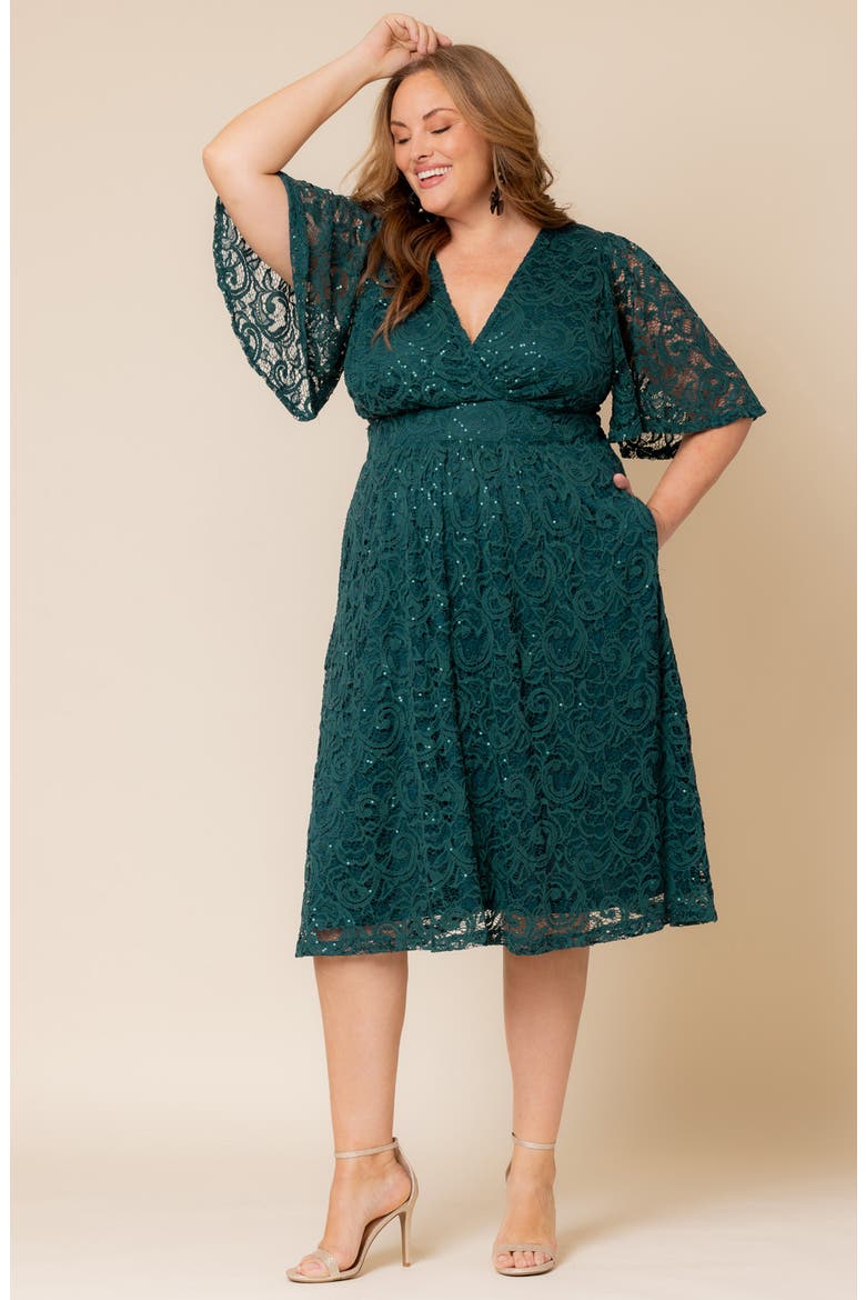 Starry Sequin Lace Fit & Flare Cocktail Dress, Alternate, color, EMERALD GREEN