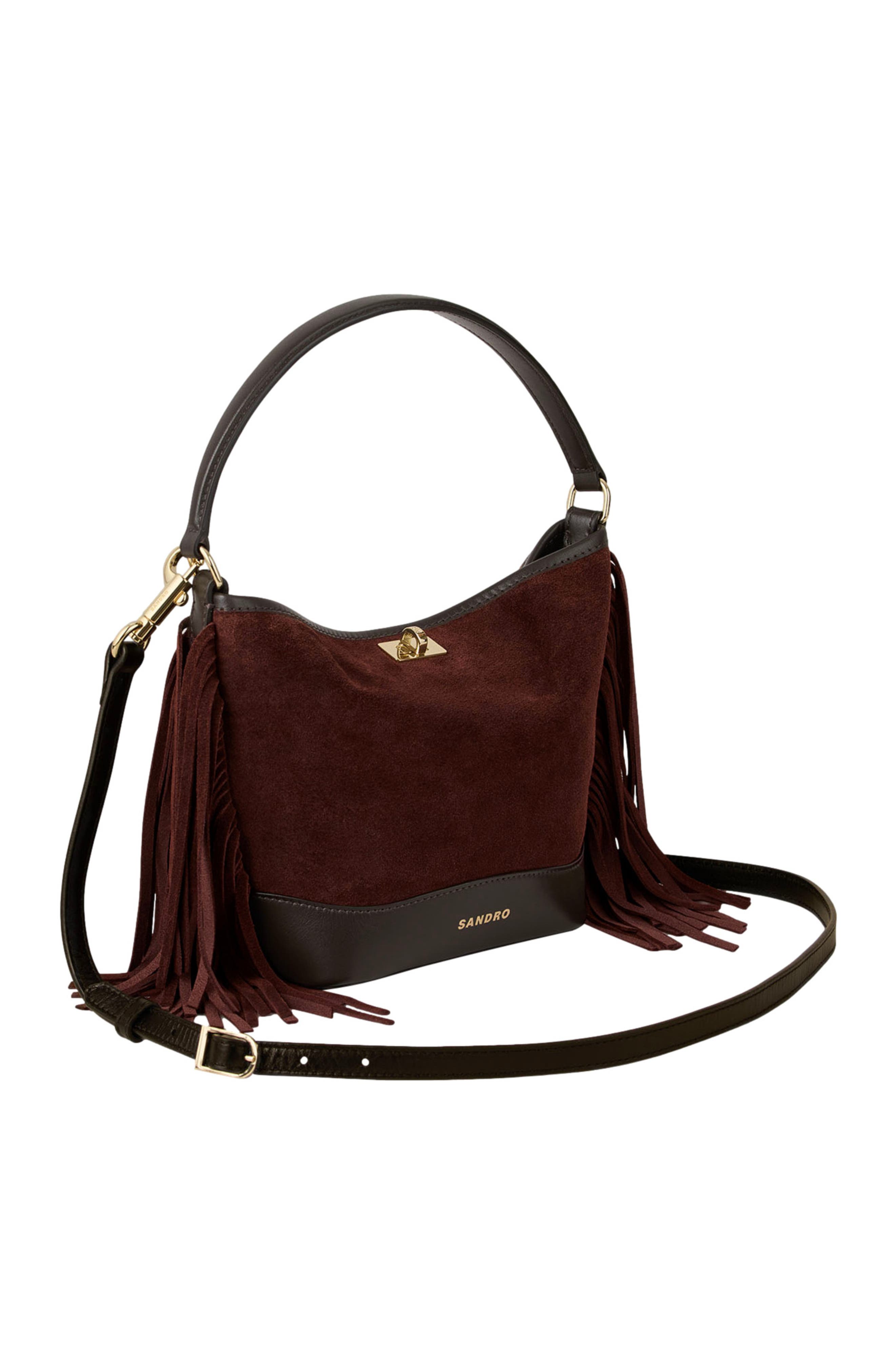 SANDRO TANGOSO fringed suede bag, Alternate, color, Mahogany