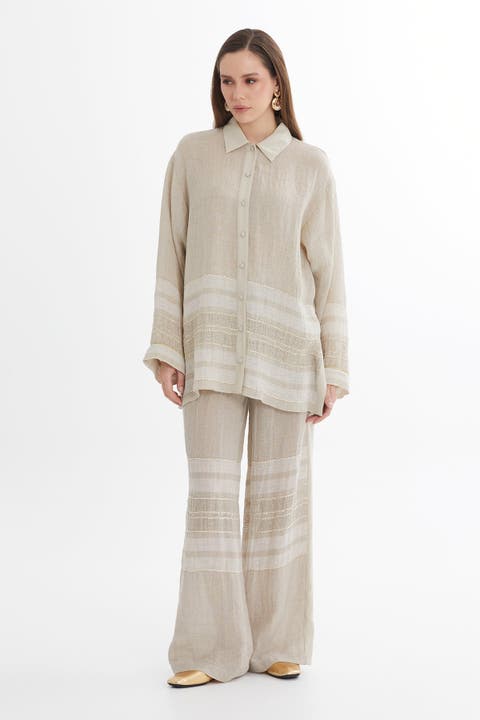 Beige Trim Detail Linen Shirt