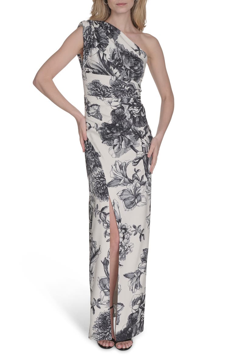 vince camuto one shoulder ruffle dress Vince Camuto Womens Size 4 Navy Floral One Shoulder Smocked Ruffle Midi  Dress