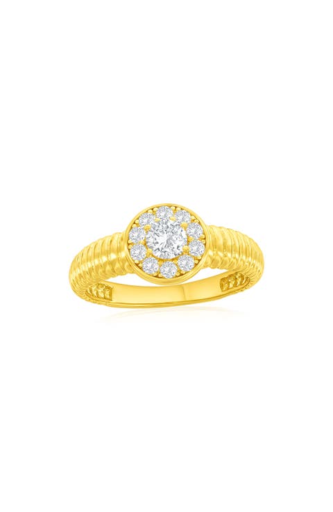 Round Halo Cubic Zirconia Ribbed Ring