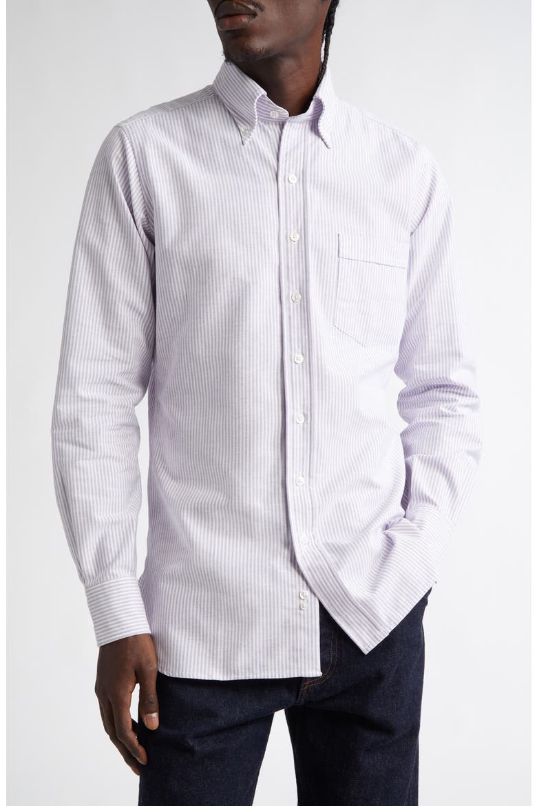 Ticking Stripe Oxford Button-Down Shirt, Main, color, 902 PURPLE
