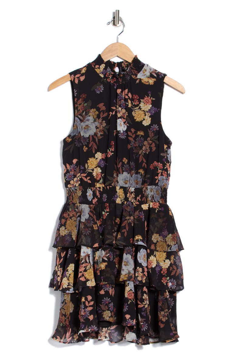 Floral Smocked Waist Tiered Minidress, Main, color, RICH BLACK