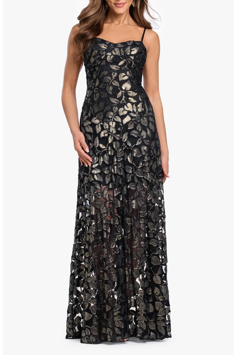 Metallic Leaf Burnout Gown, Main, color, BLK/ GOLD