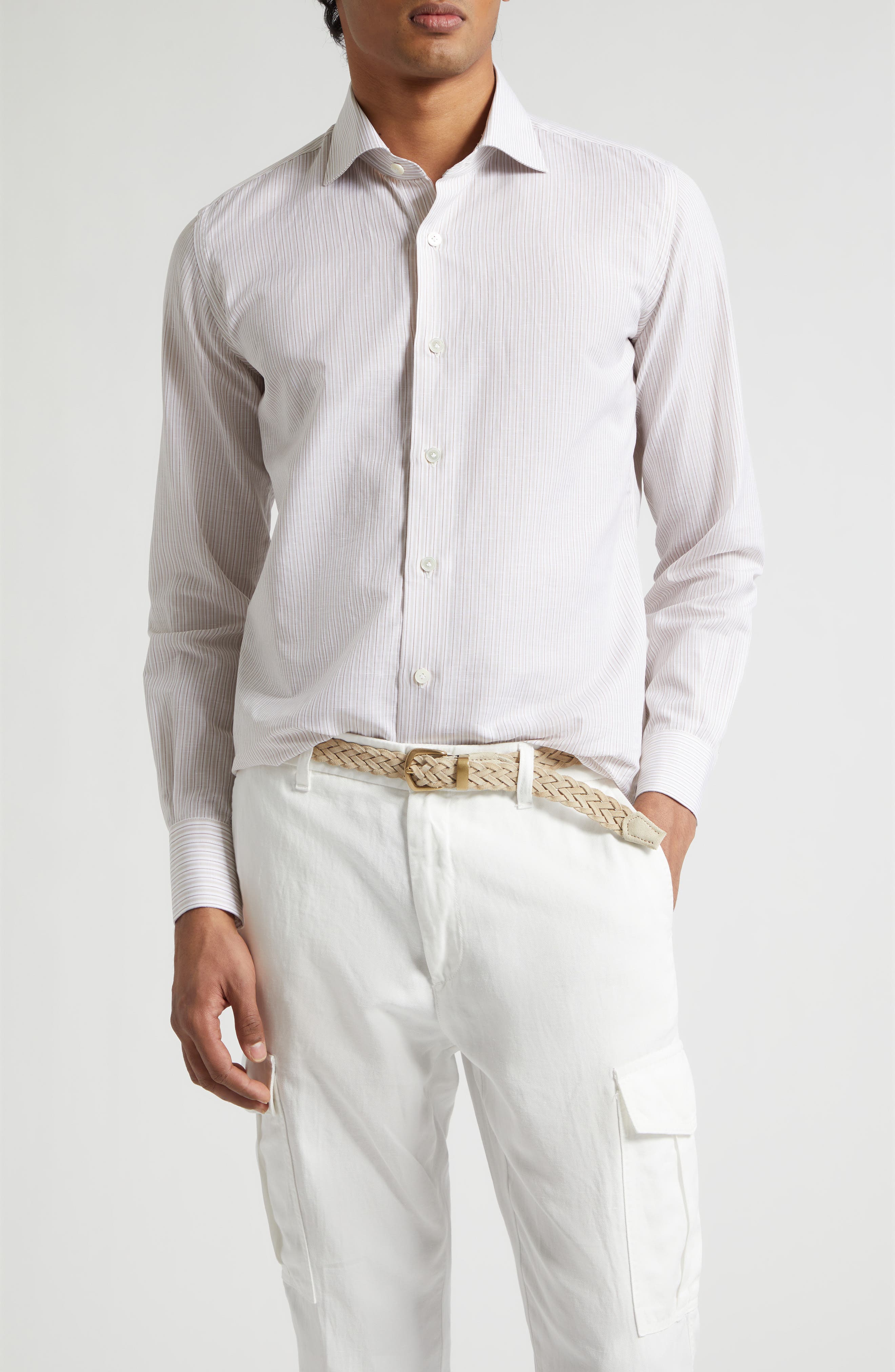 Eleventy Dandy Collar Stripe Cotton & Linen Button-up Shirt In White