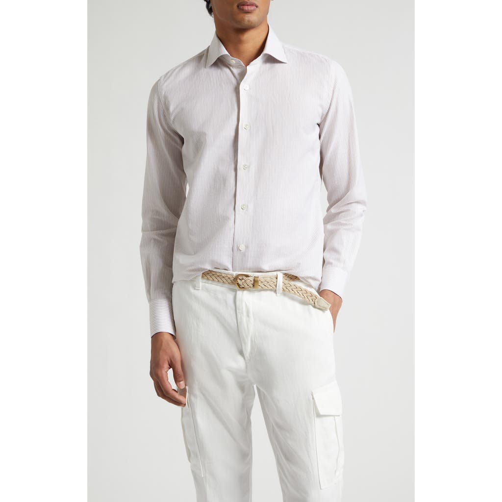 Eleventy Dandy Collar Stripe Cotton & Linen Button-up Shirt In White