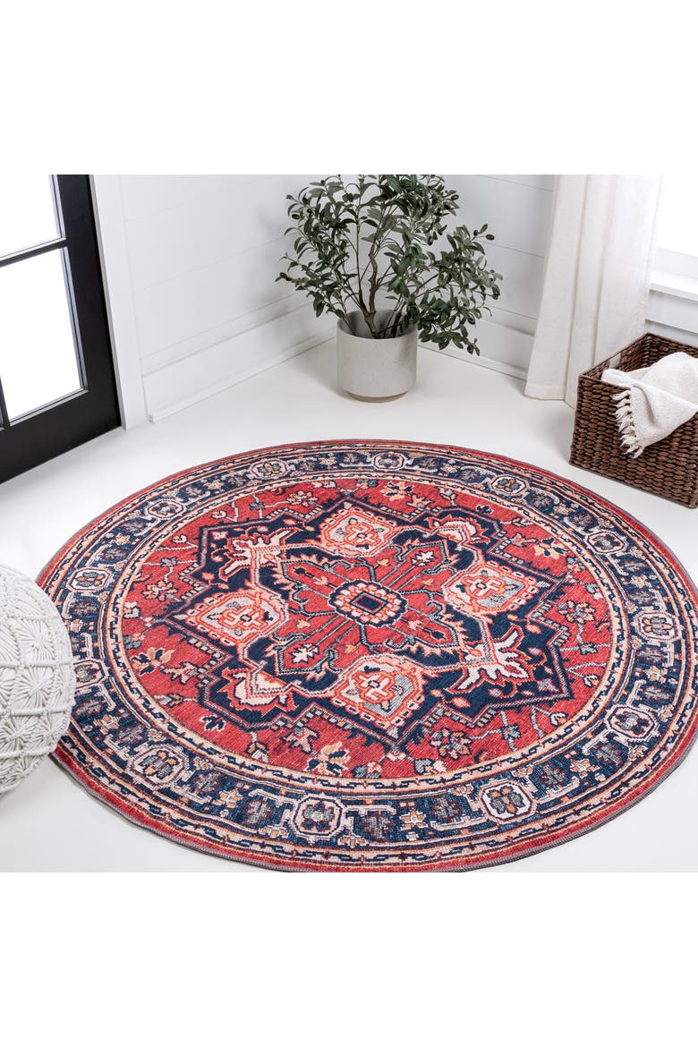 Cirali Ornate Large Medallion Machine-Washable Round Area Rug, Main, color, Red/Navy
