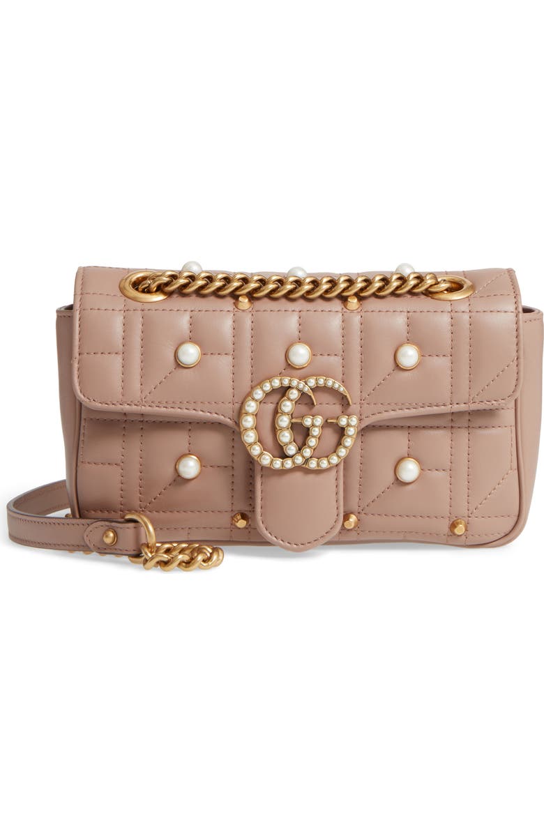 Gucci Mini GG Marmont 2.0 Imitation Pearl Logo Matelassé Leather Shoulder Bag, Main, color,