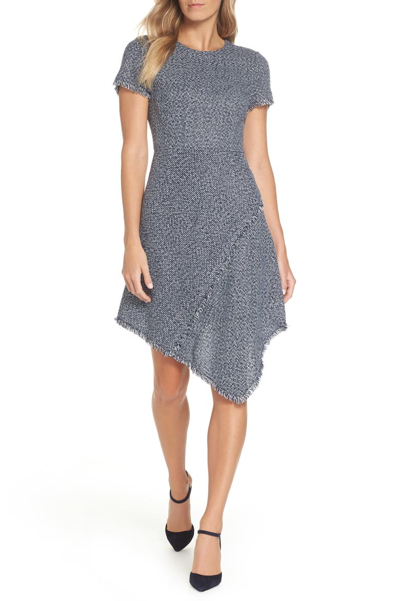 Asymmetrical Tweed Dress, Main, color, NAVY