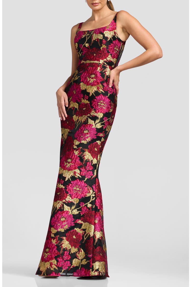 Lorena Metallic Floral Brocade Mermaid Gown, Alternate, color, FUCHSIA MULTI