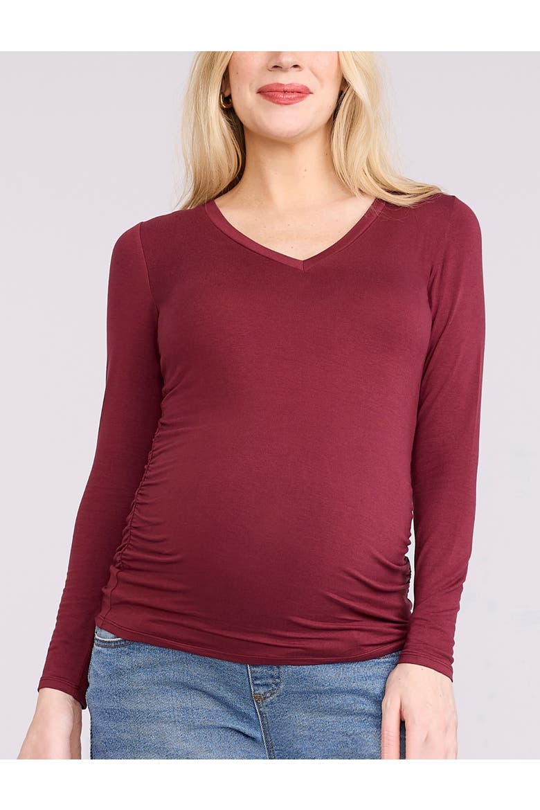 V-Neck Side-Ruched Maternity Long Sleeve Tee, Main, color, Tawny Port