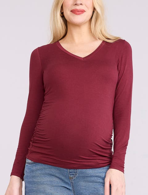 V-Neck Side-Ruched Maternity Long Sleeve Tee