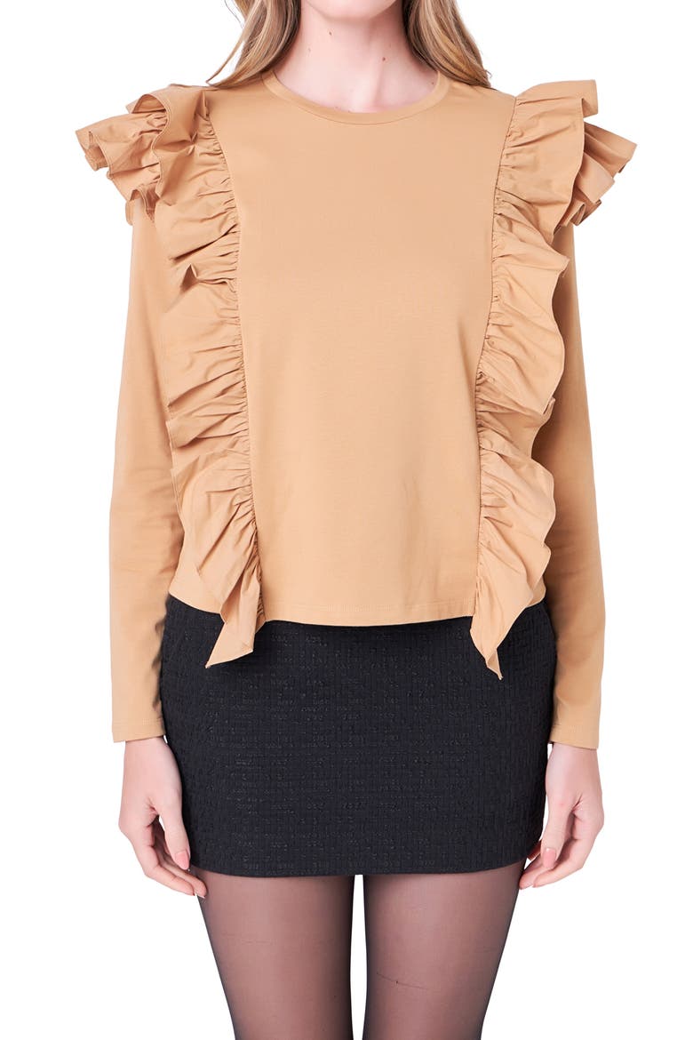 Poplin Ruffle Trim Shirt, Alternate, color, TAN