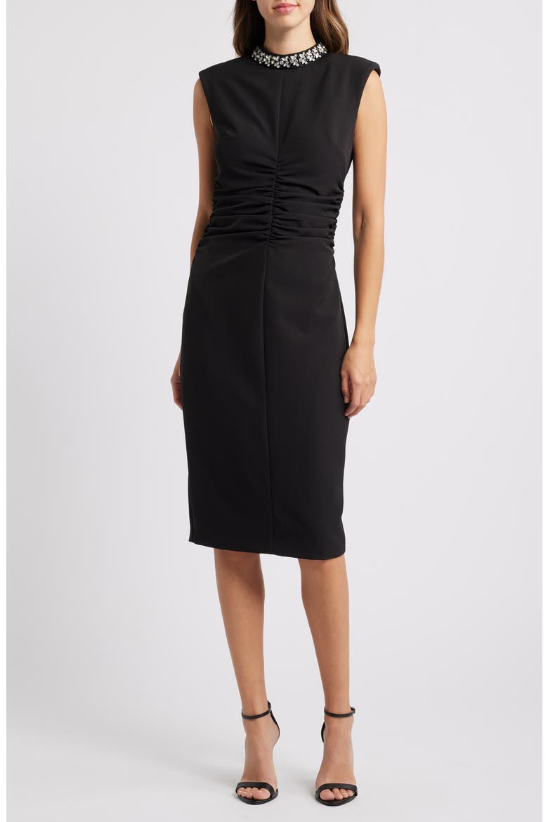 Embellished Mock Neck Sheath Dress, Main, color, BLACK