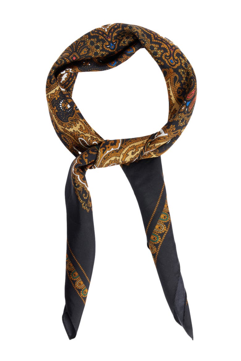Silk bandana print scarf, Alternate, color, Black / ocher