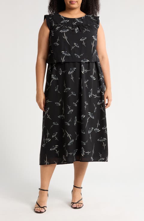 Floral Cap Sleeve Midi Dress (Plus)