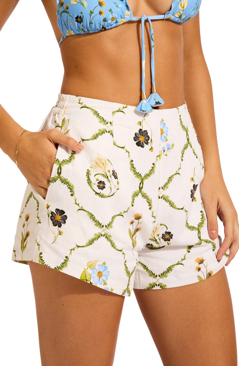 Seafolly Print Linen Blend Cover-Up Shorts, Alternate, color, White