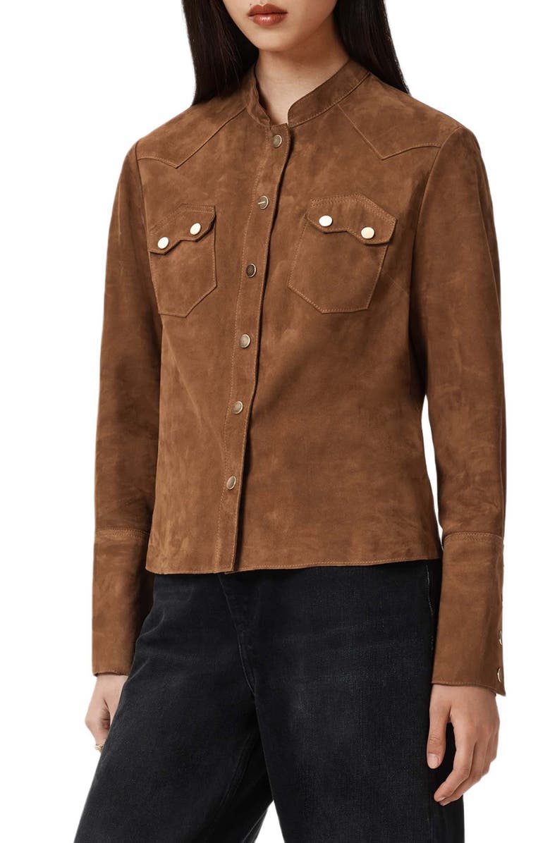 AllSaints Rock Suede Snap-Up Shirt, Main, color, 