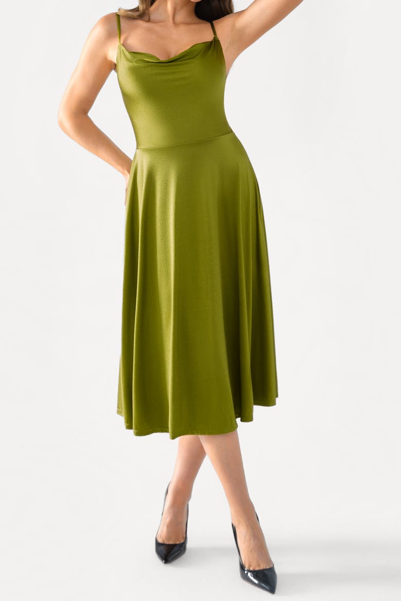 Shapewear Strappy Cowl Neck Vacation & Date Night Fit & Flare Midi Dress, Alternate, color, Metallic Olive