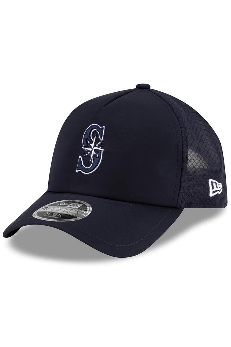 Men's New Era Navy Seattle Mariners 2026 Batting Practice Apex 9FORTY Adjustable Trucker Hat, Main, color, Navy