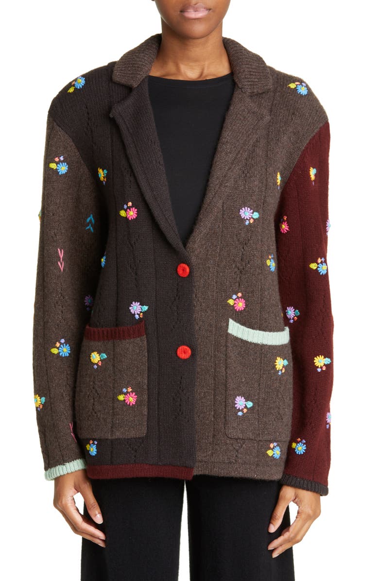 YanYan Daisy Embroidered Pointelle Knit Lambswool Blazer, Main, color,