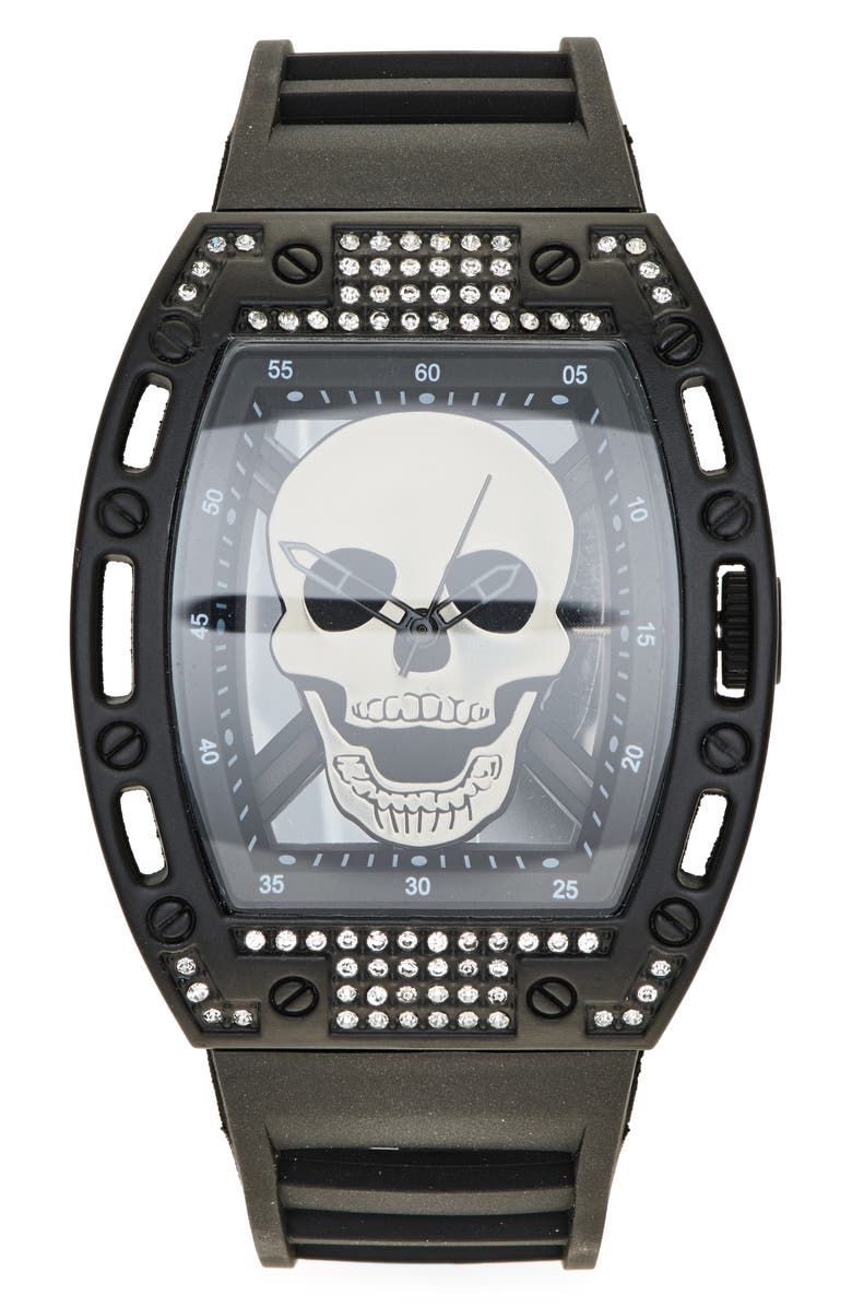 Ed Hardy x Ed Hardy Crystal Skull Plastic Strap Watch, 30mm x 34.5mm, Main, color, 