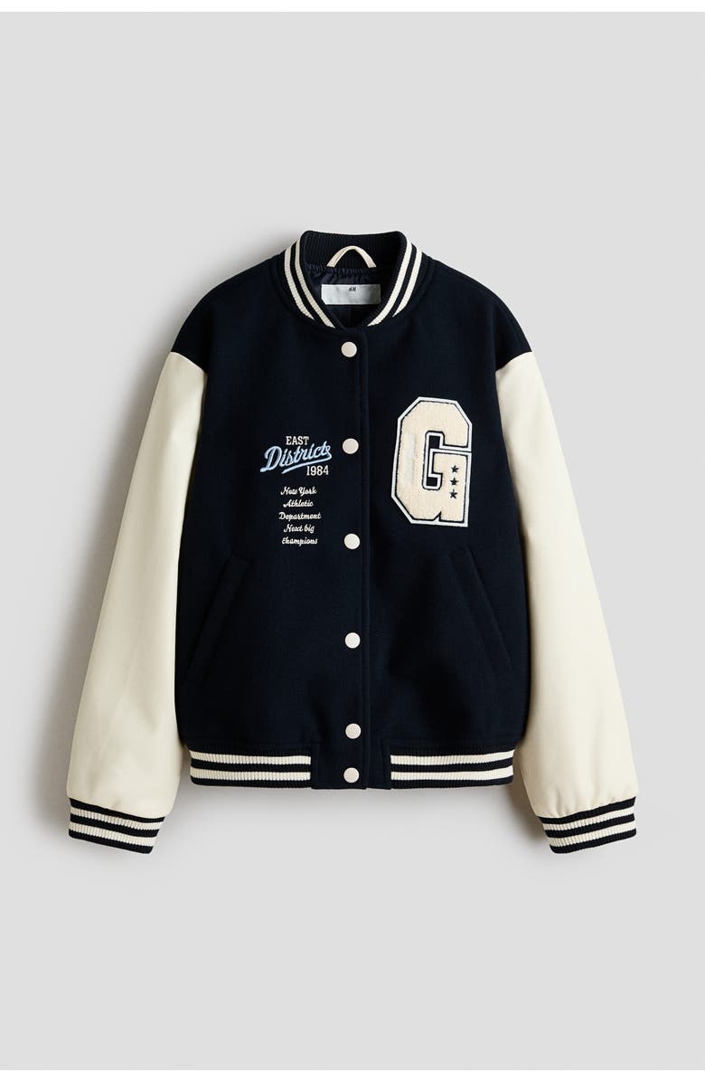 H&M Appliquéd Baseball Jacket, Main, color, Navy Blue/East District