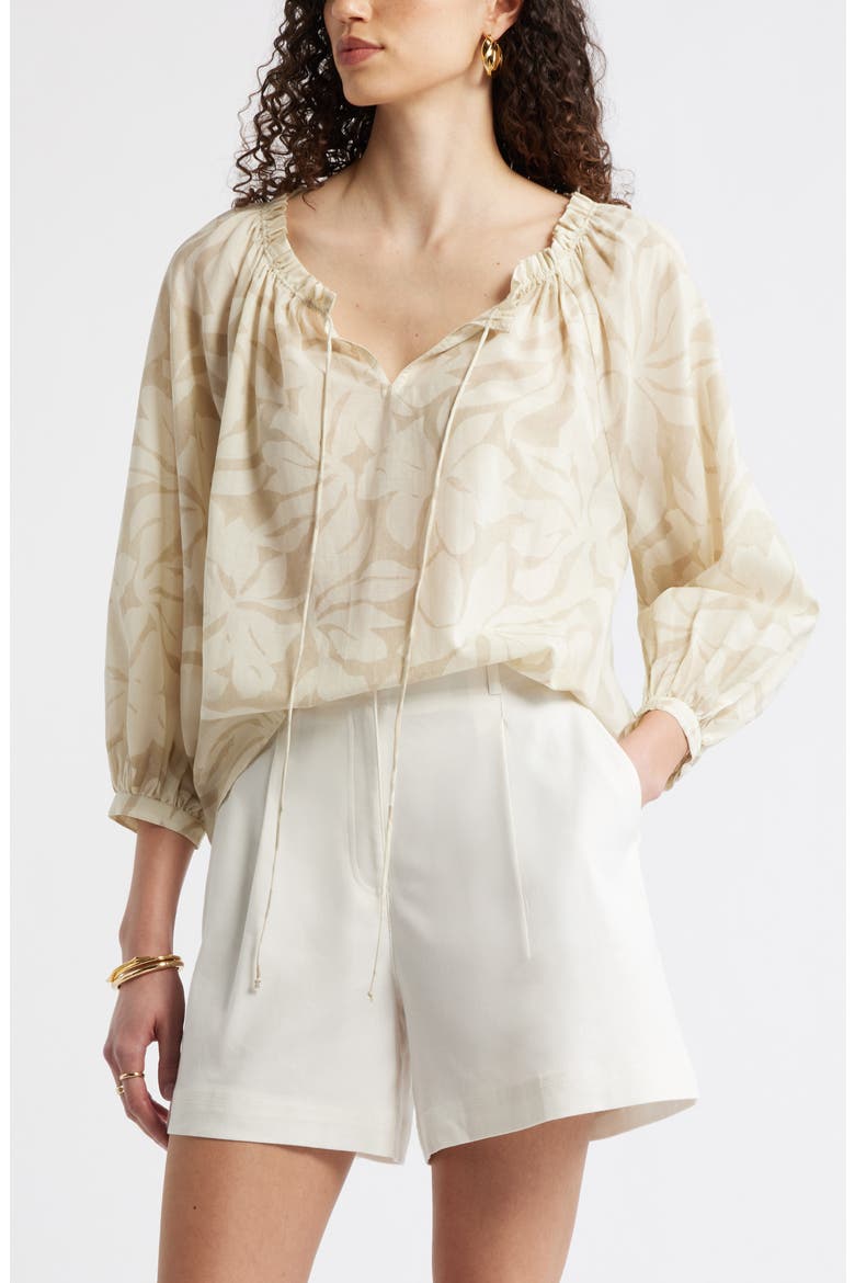 Ruffle Neck Tie Front Top, Main, color, IVORY- BEIGE FIRA BLOOM