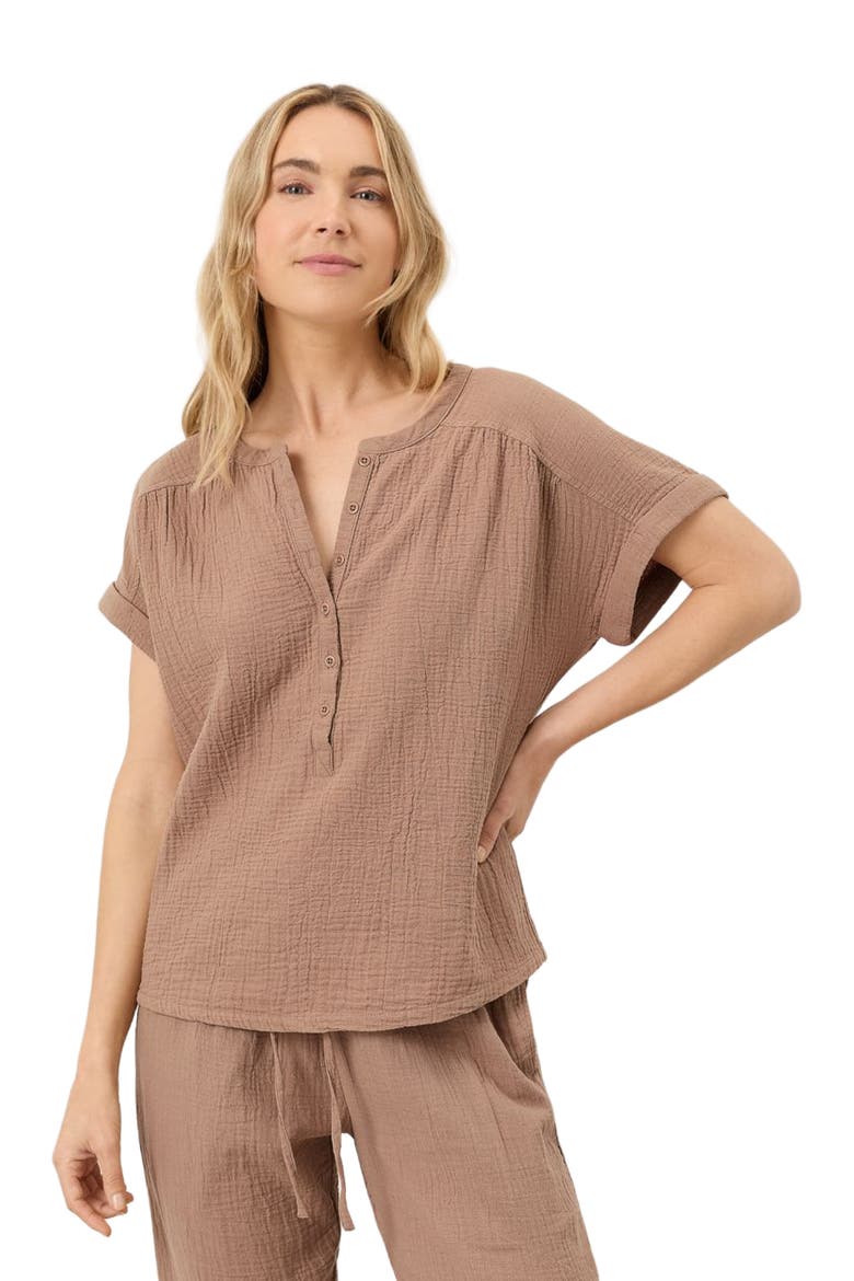 Organic Cotton Coastal Double Gauze Short Sleeve Popover, Main, color, Driftwood Brown