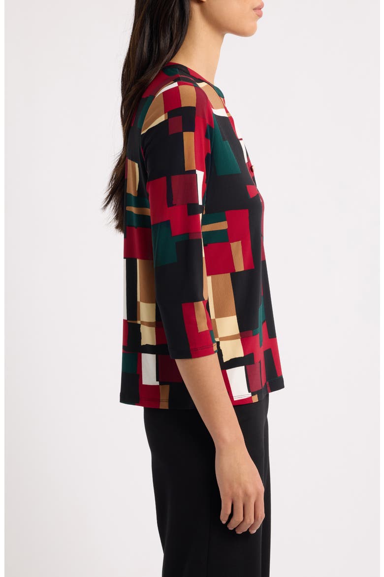 Split Neck Three-Quarter Sleeve Henley Top, Alternate, color, ANNE BLACK MULTI