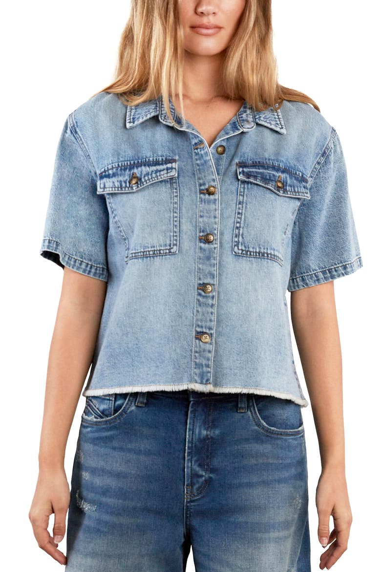 Emily Frayed Short Sleeve Denim Button-Up Shirt, Main, color, RELAXED BLUE