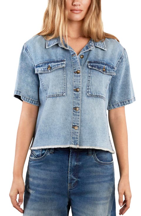 Emily Frayed Short Sleeve Denim Button-Up Shirt