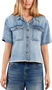 HINT OF BLU Emily Frayed Short Sleeve Denim Button-Up Shirt
