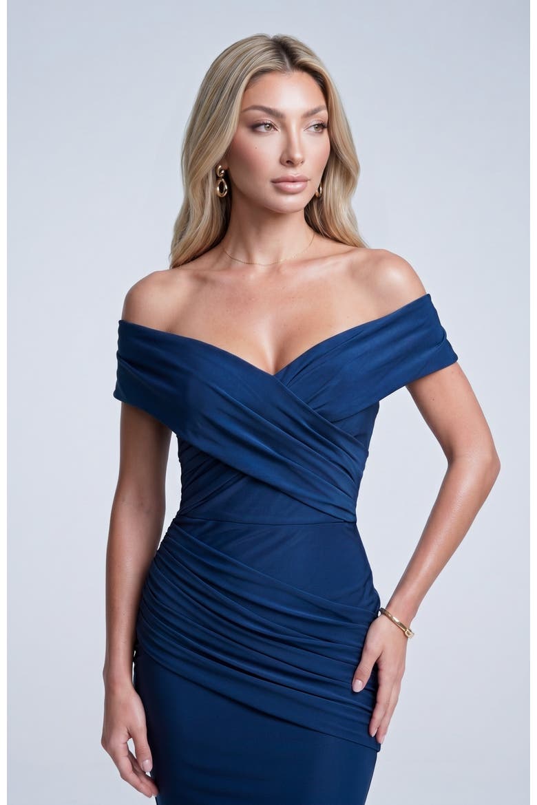 Off The Shoulder Ruched Mermaid Evening Gown, Alternate, color, Navy